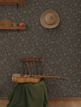 Perola Brown Meadow Floral Bunches Premium Matte Non-Woven Peel and Stick Wallpaper entryway at Say Decor