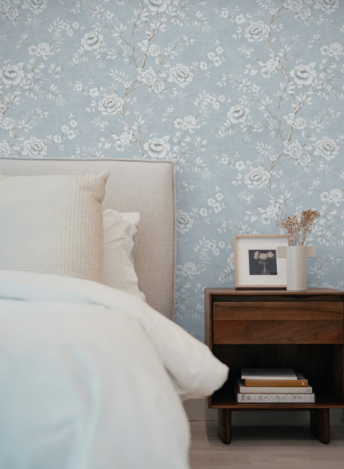 Veitel Light Blue Floral Blossom Trail Premium Matte Non-Woven Peel and Stick Wallpaper Bedroom at Say Decor