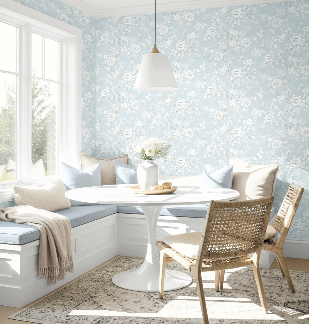 Veitel Light Blue Floral Blossom Trail Premium Matte Non-Woven Peel and Stick Wallpaper Dining Room at Say Decor