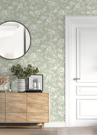 Veitel Green Floral Blossom Trail Premium Matte Non-Woven Peel and Stick Wallpaper Entryway at Say Decor
