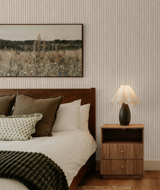 Neutral Adrian Linen Stripe Premium Matte Non-Woven Peel and Stick Wallpaper Bedroom at Say Decor