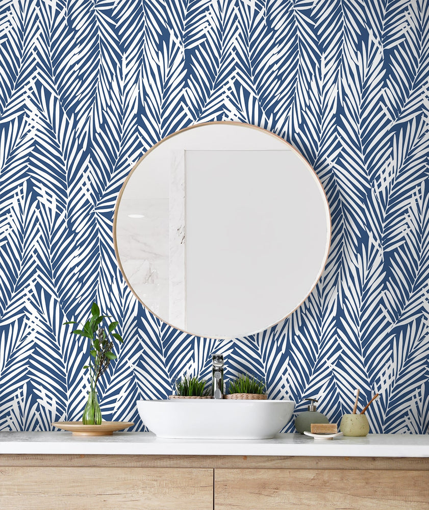 SG12302 palm leaf peel and stick wallpaper bathroom from Stacy Garcia Home