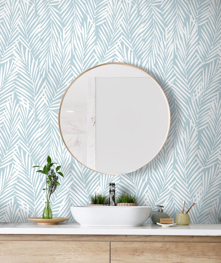 SG12312 palm leaf peel and stick wallpaper bathroom from Stacy Garcia Home