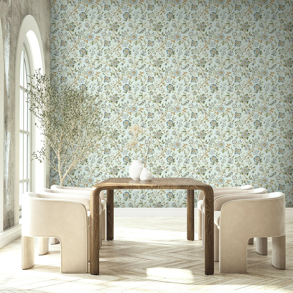 
                  
                    SG13004 jacobean floral peel and stick wallpaper wood dining table from The Sojourn Collection by Stacy Garcia
                  
                
