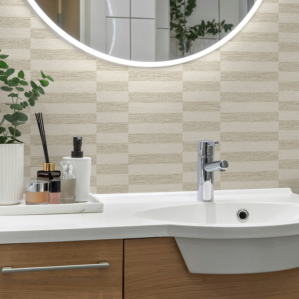 
                  
                    SG13207 faux woven stripe neutral peel and stick wallpaper bathroom from The Sojourn Collection by Stacy Garcia
                  
                