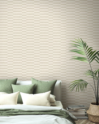 SG13207 faux woven stripe neutral peel and stick wallpaper bedroom from The Sojourn Collection by Stacy Garcia