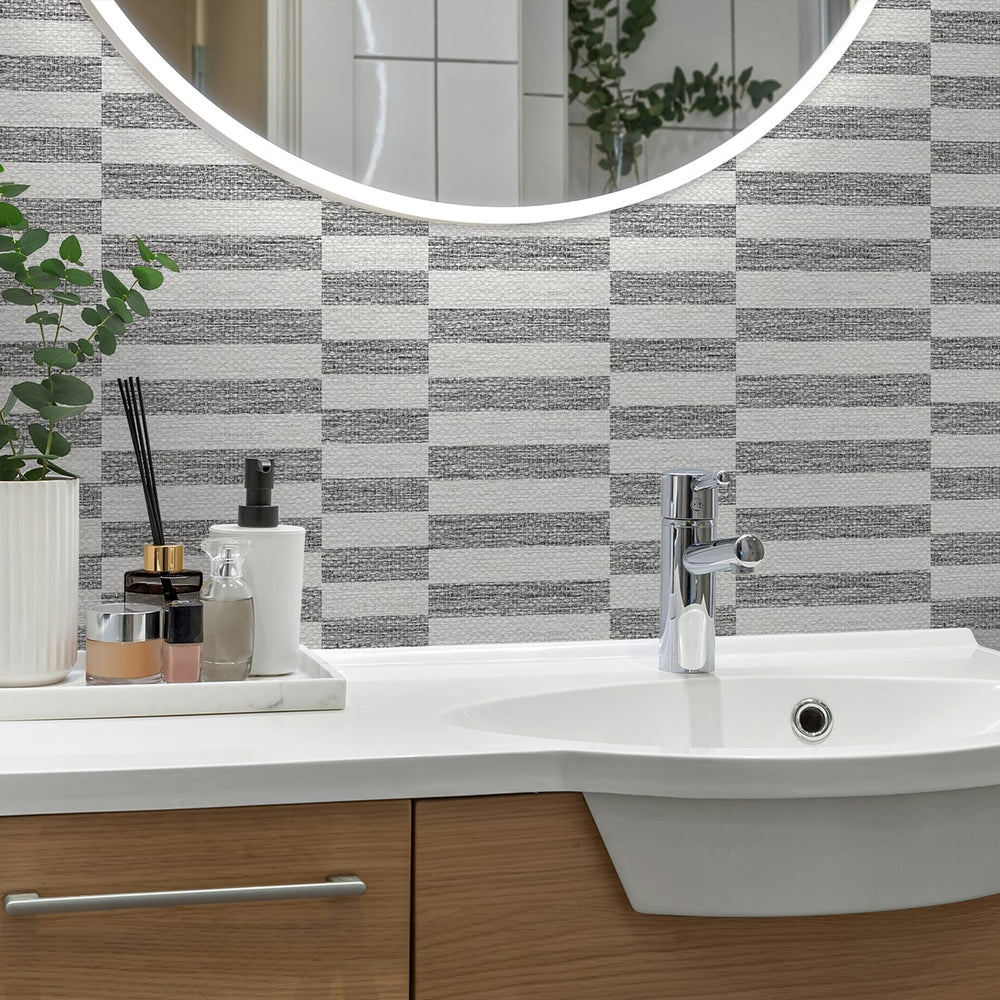
                  
                    SG13208 faux woven stripe grey peel and stick wallpaper master bathroom from The Sojourn Collection by Stacy Garcia
                  
                