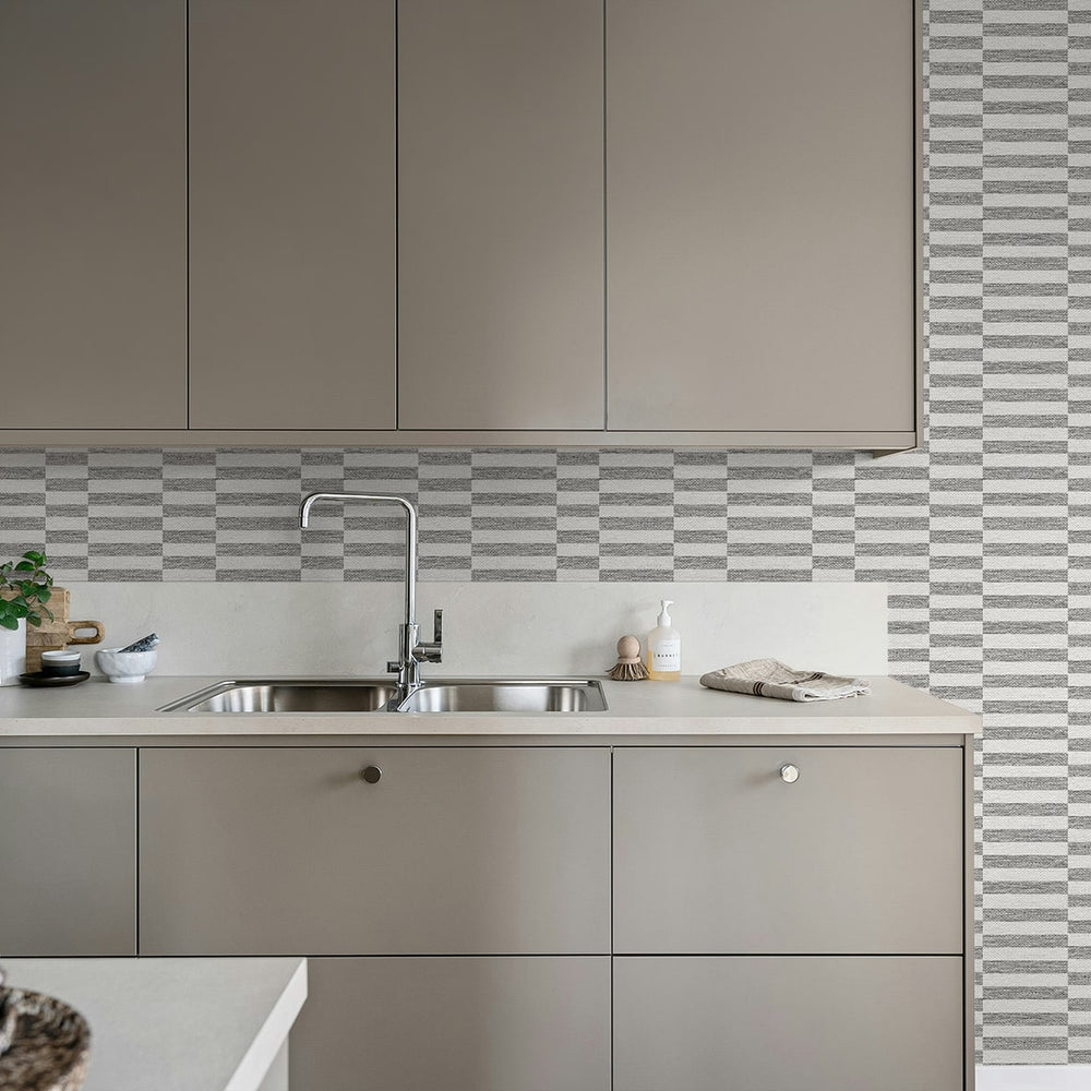 
                  
                    SG13208 faux woven stripe grey peel and stick wallpaper modern kitchen from The Sojourn Collection by Stacy Garcia
                  
                