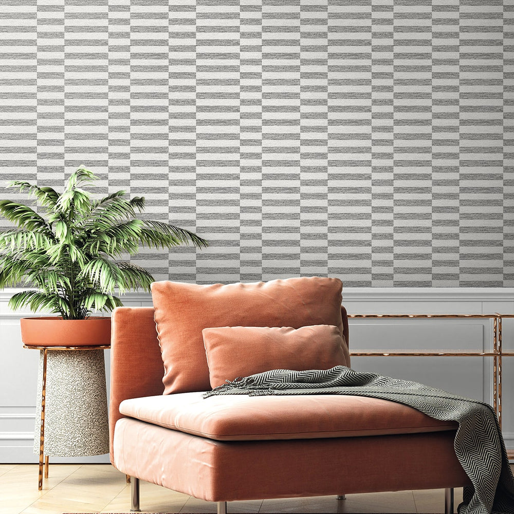 
                  
                    SG13208 faux woven stripe grey peel and stick wallpaper orange chair from The Sojourn Collection by Stacy Garcia
                  
                