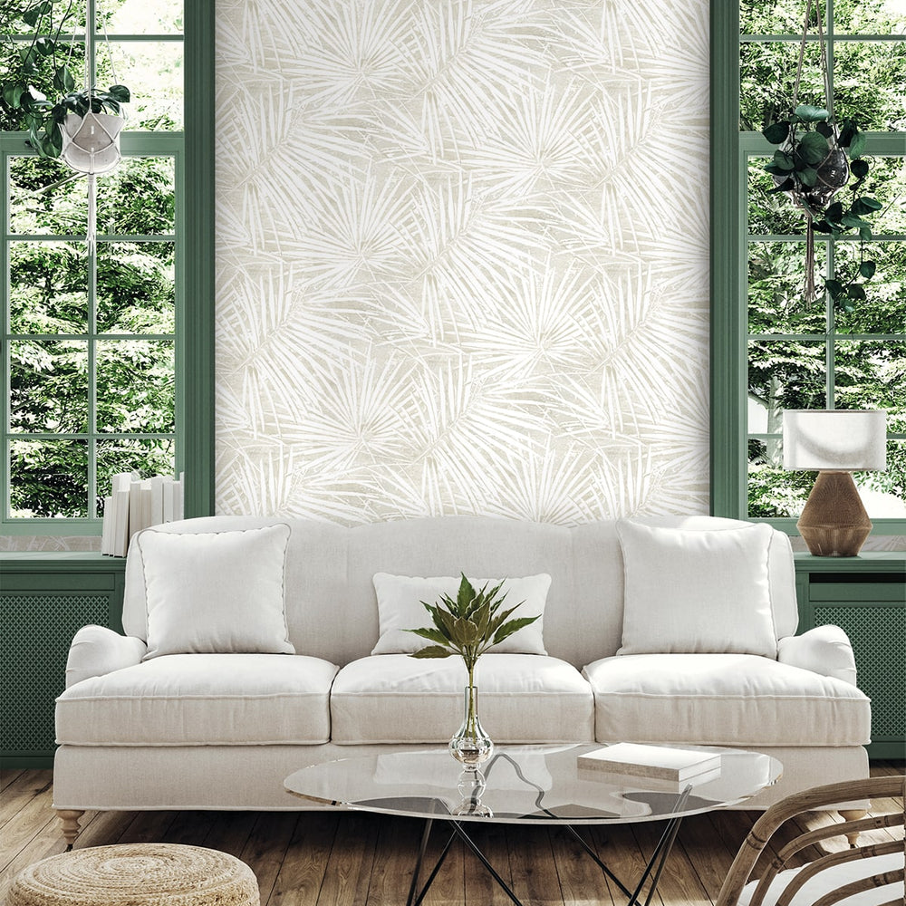 SG13407 palm leaf peel and stick wallpaper living room from The Sojourn Collection by Stacy Garcia Home