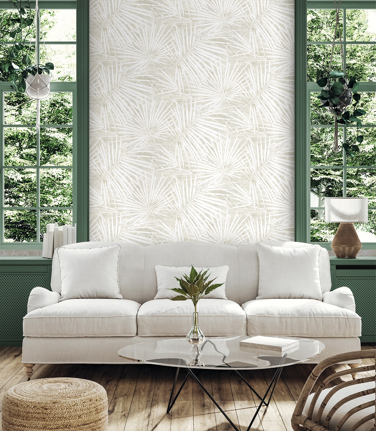 SG13407 palm leaf peel and stick wallpaper living room from The Sojourn Collection by Stacy Garcia Home