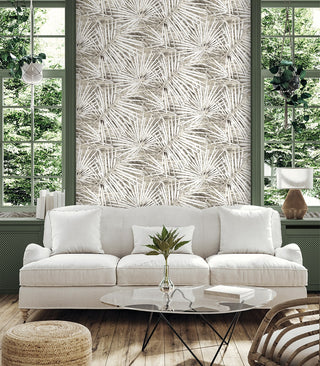 SG13408 palm leaf peel and stick wallpaper cream sofa from The Sojourn Collection by Stacy Garcia Home