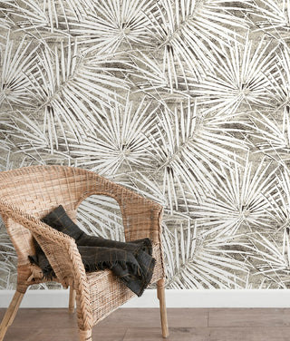 SG13408 palm leaf peel and stick wallpaper wicker chair from The Sojourn Collection by Stacy Garcia Home