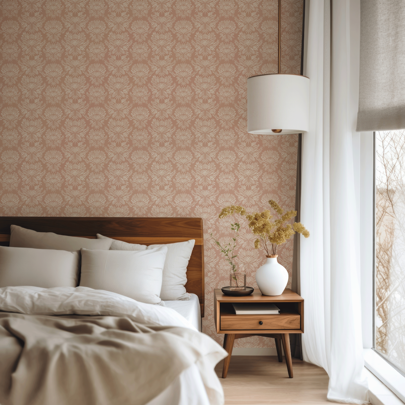 pink botanical peel and stick wallpaper bedroom from Loomwell Home Goods
