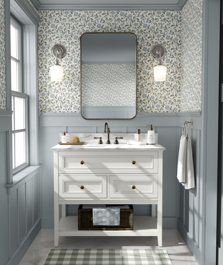 blue floral peel and stick wallpaper bathroom from Loomwell Home Goods
