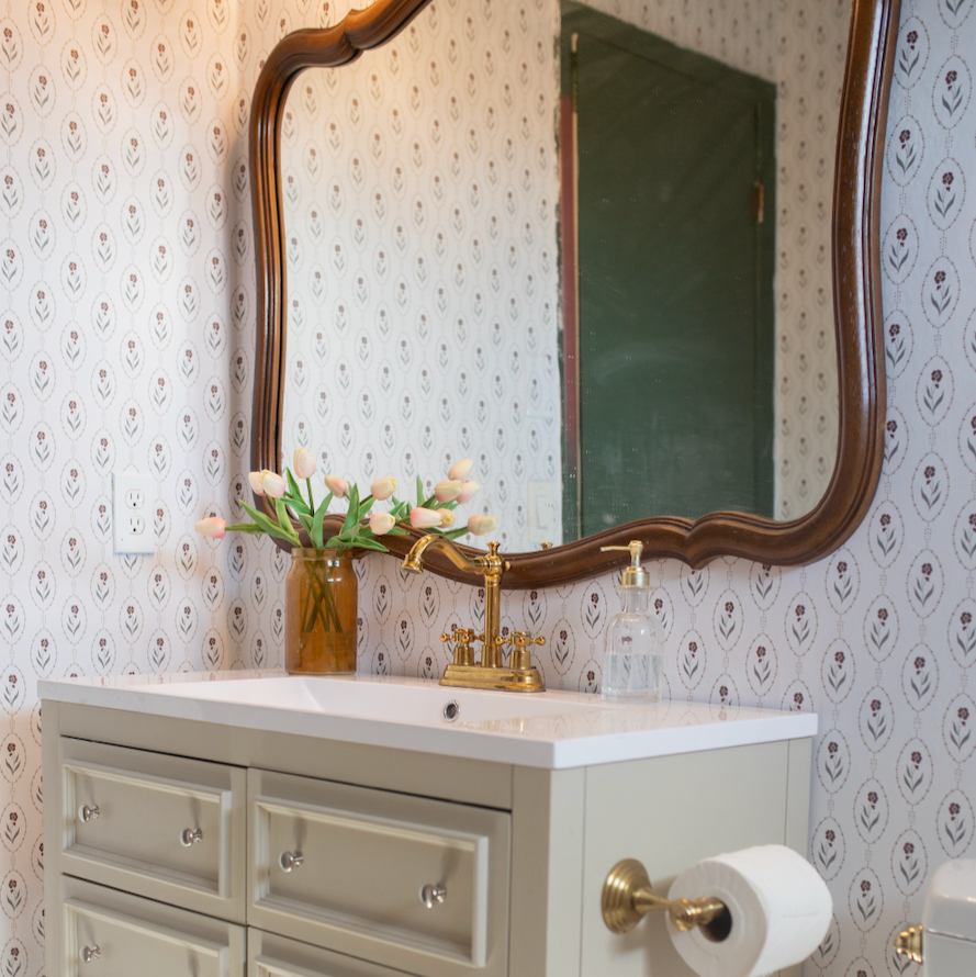floral emblem peel and stick wallpaper bathroom from Loomwell Home Goods