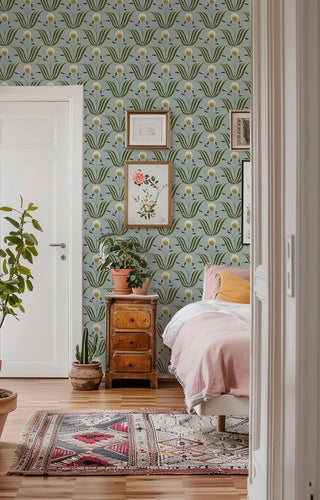 Mitchell Black Lady Charlotte Spring Bloom Floral Wallpaper bedroom in shade Ash Blue at Say Decor