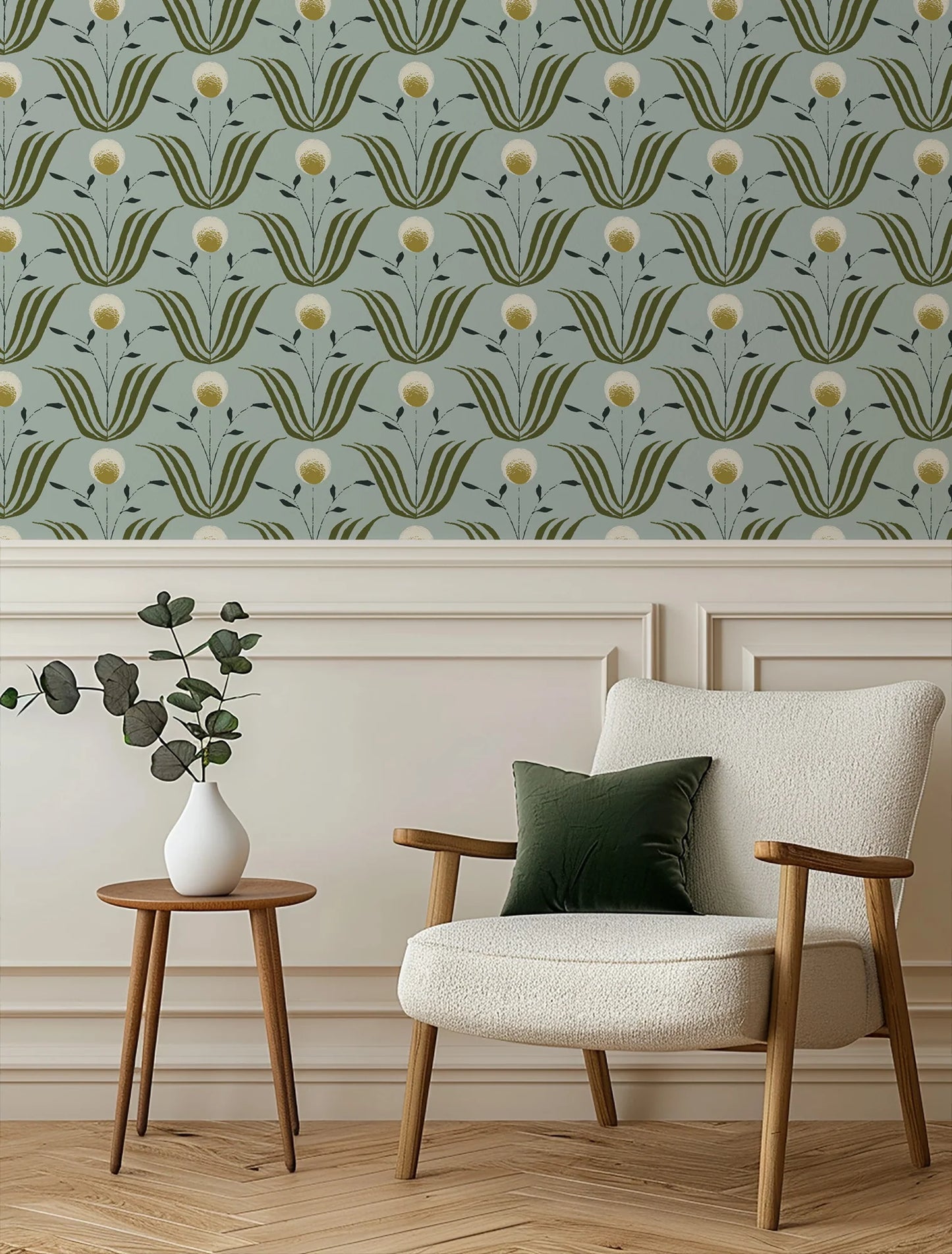 Mitchell Black Lady Charlotte Spring Bloom Floral Wallpaper entryway in shade Ash Blue at Say Decor