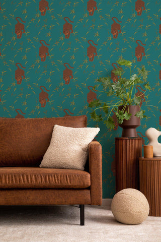 Mitchell Black Stalking Tiger Animal Wallpaper in shade teal living room at Say Decor
