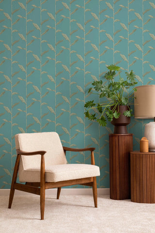 Mitchell Black Stalks Botanical Wallpaper in shade Jewel living room at Say Decor 