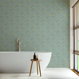 Mitchell Black Stalks Botanical Wallpaper in shade Juniper bathroom at Say Decor 