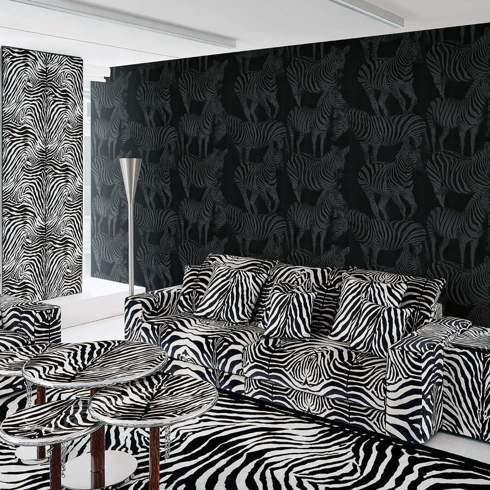 
                  
                    Dolce & Gabbana Zebra Romance animal vinyl unpasted wallpaper living room in shade charcoal
                  
                