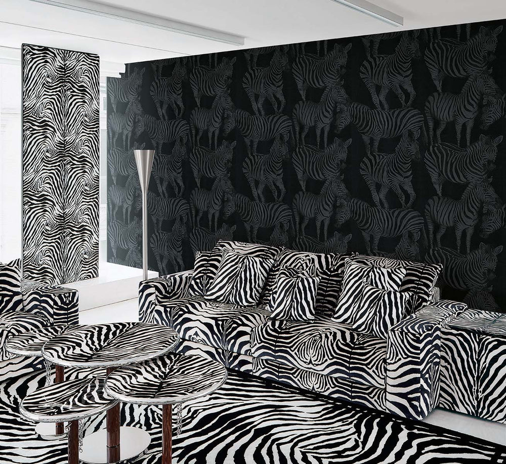 Dolce & Gabbana Zebra Romance animal vinyl unpasted wallpaper living room in shade charcoal