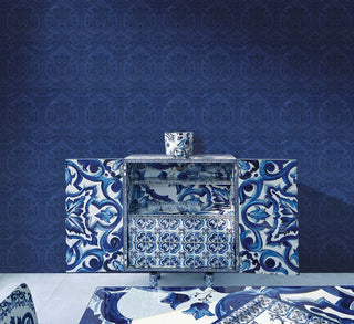 Dolce & Gabanna Casa Damasco vinyl wallpaper living room in shade Indigo