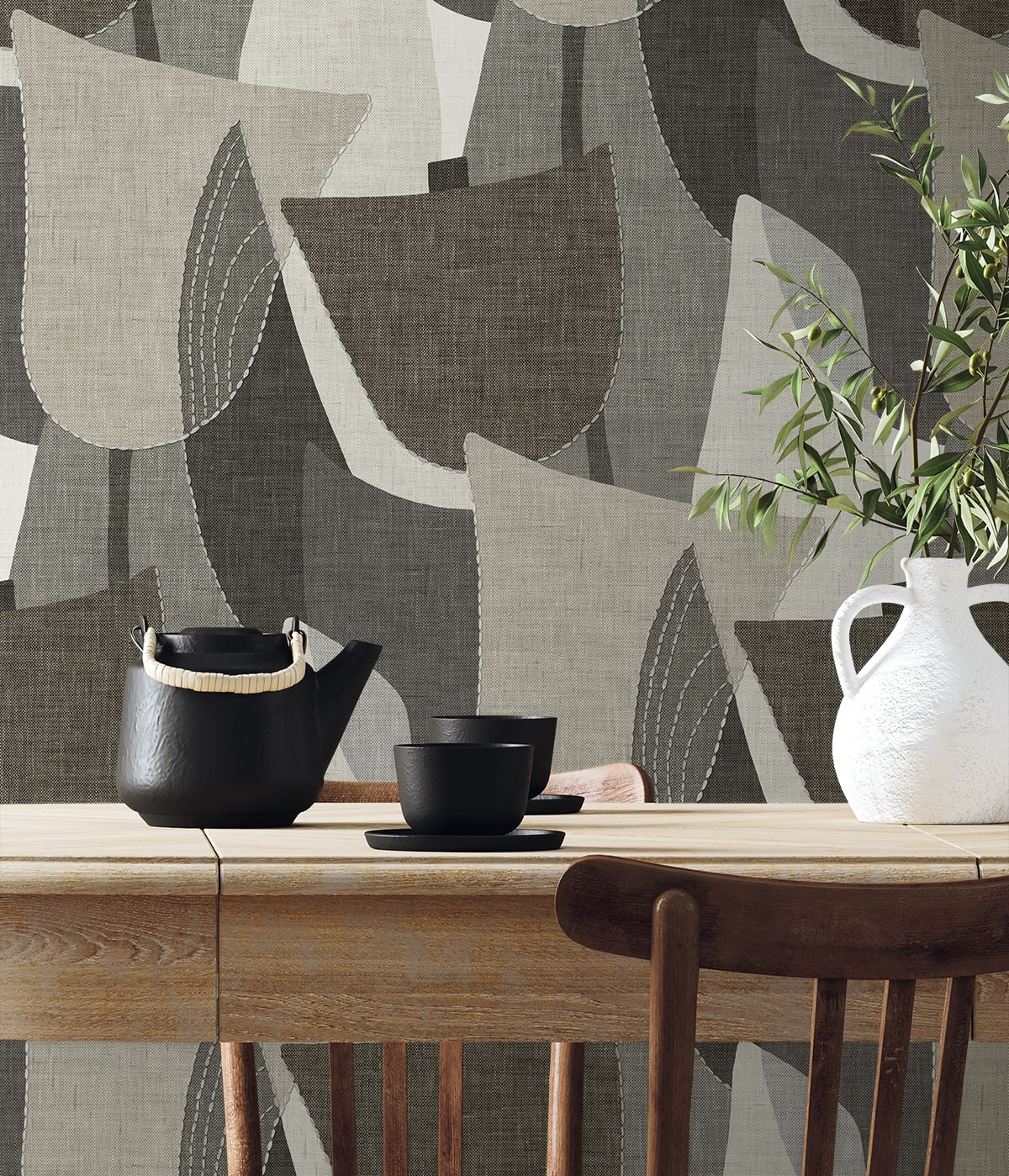 TH90000 Fibers and Threads Mosley Tulips Geometric Embossed Vinyl Unpasted Wallpaper Dining Room from Say Decor