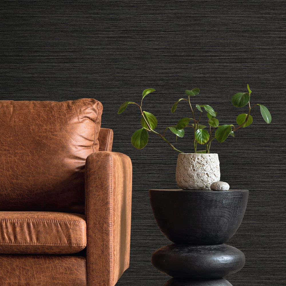 TH92100 faux grasscloth textured vinyl wallpaper living room from the Fibers and Threads collection by Seabrook Designs
