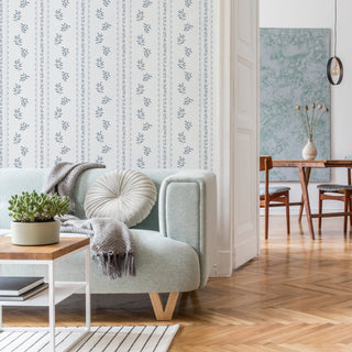 blue botanical stripe peel and stick wallpaper living room from Loomwell Home Goods