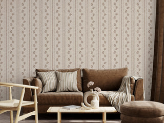brown botanical stripe peel and stick wallpaper living room from Loomwell Home Goods