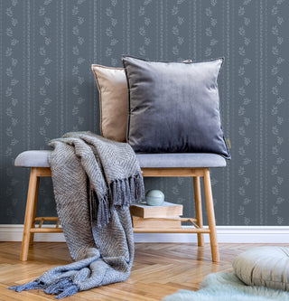 blue botanical stripe peel and stick wallpaper living room from Loomwell Home Goods