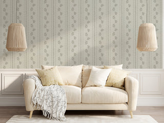 grey botanical stripe peel and stick wallpaper living room from Loomwell Home Goods