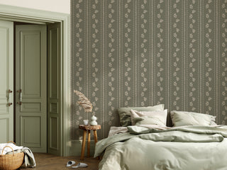 green botanical stripe peel and stick wallpaper bedroom from Loomwell Home Goods
