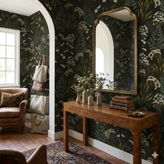 Chelsey Botanical Peel and Stick Wallpaper living room at Say Decor