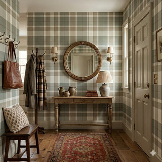 Irvine Plaid Peel and Stick Wallpaper entryway in shade Green at Say Decor