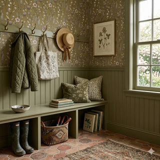 Kirsten Floral Peel and Stick Wallpaper in shade mustard shoe bench at Say Decor