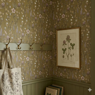Kirsten Floral Peel and Stick Wallpaper in shade mustard entryway at Say Decor