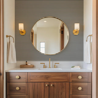 Mitchell Black Mrs. Paranjape Versa Stripe Wallpaper bathroom in shade Black at Say Decor