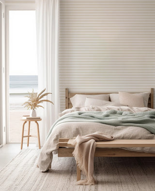 Mitchell Black Mrs. Paranjape Versa Stripe Wallpaper bedroom in shade Neutral at Say Decor