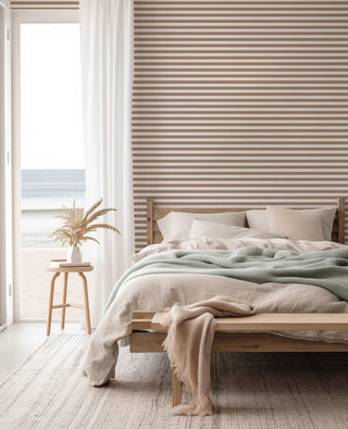 Mitchell Black Mrs. Paranjape Versa Stripe Wallpaper bedroom in shade Taupe at Say Decor