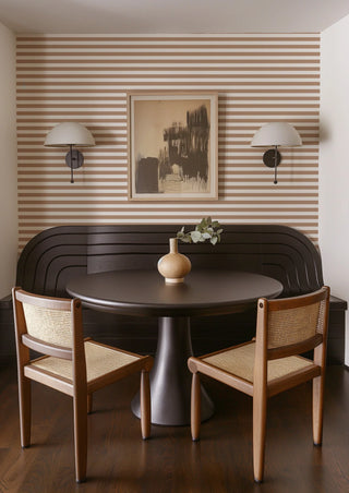 Mitchell Black Mrs. Paranjape Versa Stripe Wallpaper dining room in shade Taupe at Say Decor