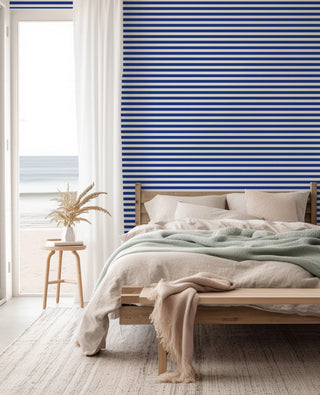 Mitchell Black Mrs. Paranjape Versa Stripe Wallpaper bedroom in shade Blue at Say Decor