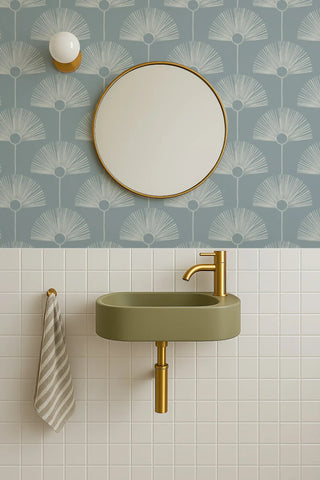 Mitchell Black Deco Fan Wallpaper Lacquered Blues Bathroom at Say Decor