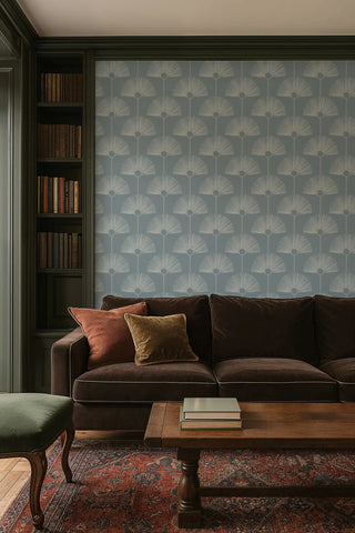 Mitchell Black Deco Fan Wallpaper Lacquered Blues Living Room at Say Decor