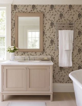 Mitchell Black Stalking Tiger Animal Wallpaper in shade Almond bathroom at Say Decor