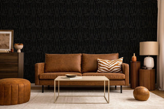 Mitchell Black Chiseled Geometric Wallpaper living room in shade Midnight at Say Decor