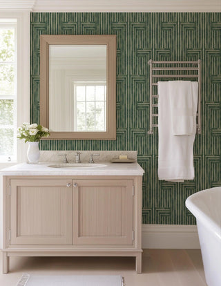Mitchell Black Chiseled Geometric Wallpaper in shade Green bathroom at Say Decor