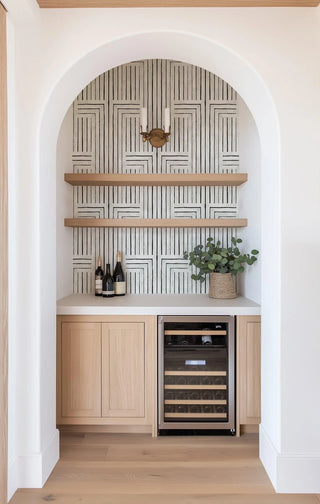 Mitchell Black Chiseled Geometric Wallpaper in shade Porcelain bar at Say Decor